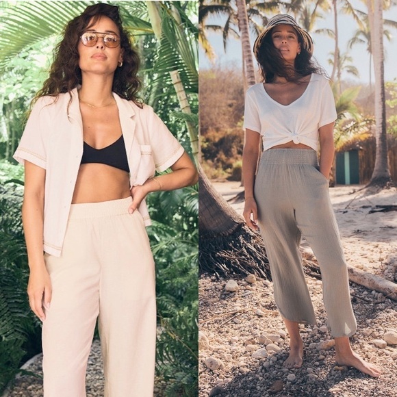 NWT MARINE LAYER Ivory Crinkle Cotton Smocked High Rise Wide Leg Cropped Pant S - Picture 1 of 7